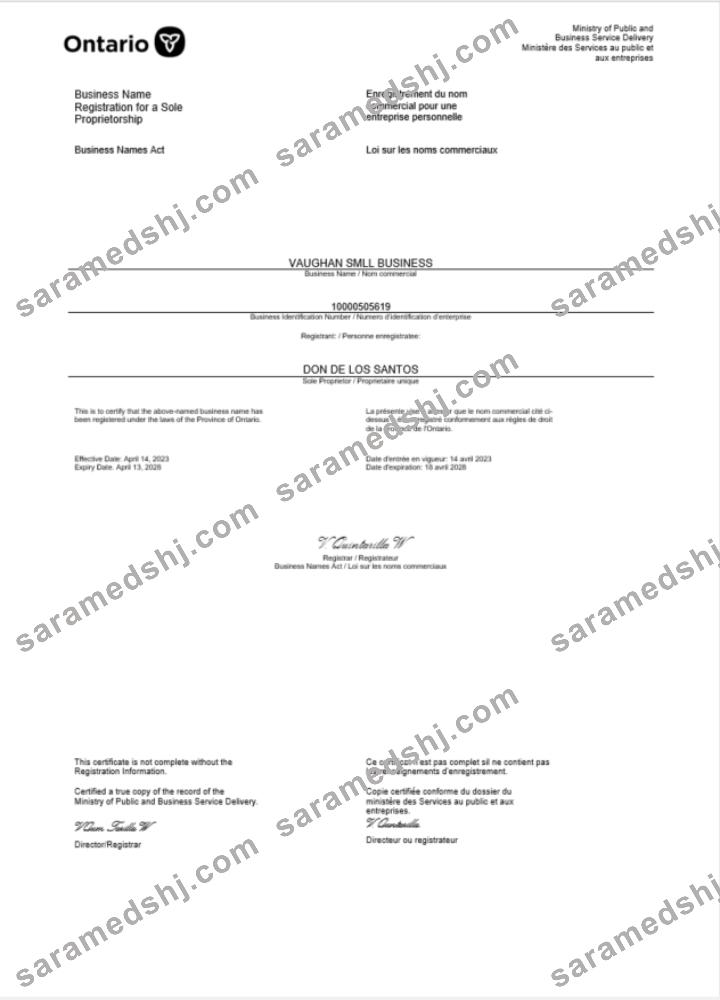 Canada Ontario certificate of business registration Word and PDF template